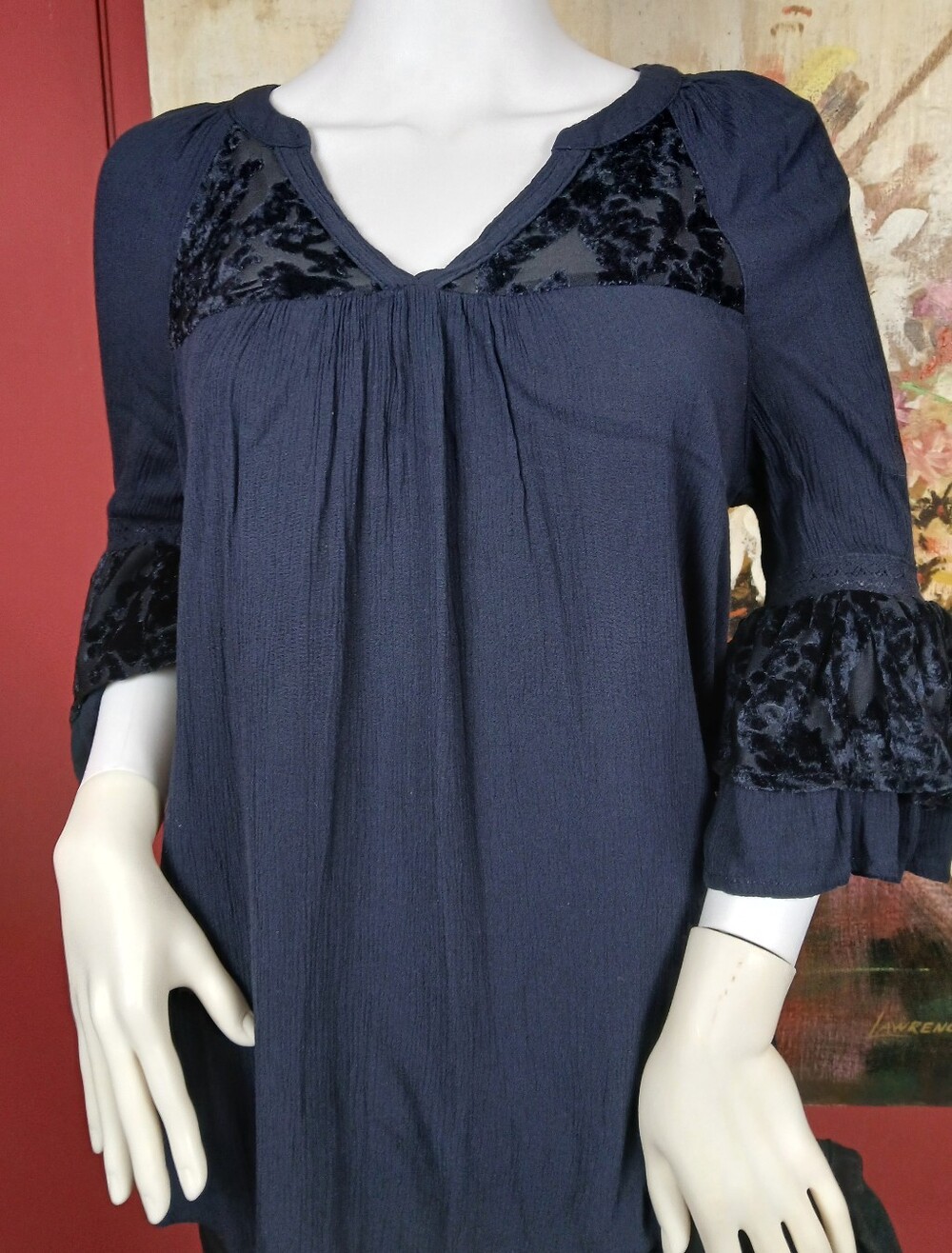 Knox Rose Navy Blue Velvet-Trim Peasant Tunic